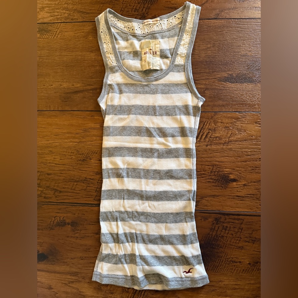 Hollister Gray and Cream Striped Tank Top with Lace Detail